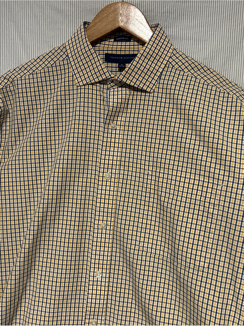 Tommy Hilfiger Men’s Yellow and Navy Check Dress Shirt